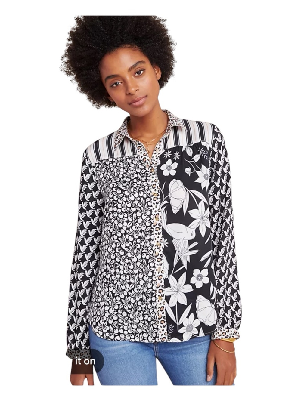 Maeve Paz Black and White Mixed-Print Button-Down Shirt Size Medium